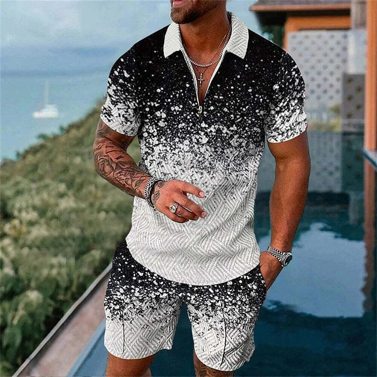 Black And White Gritter Pattern Print Short Sleeve Polo Shirt And Shorts Co-Ord