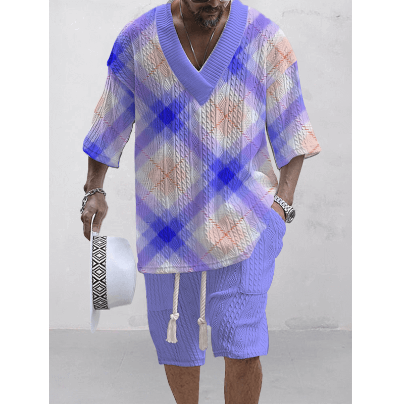 Men's Printed Short Sleeve Shorts Textured Set 45890326L-DESTINY