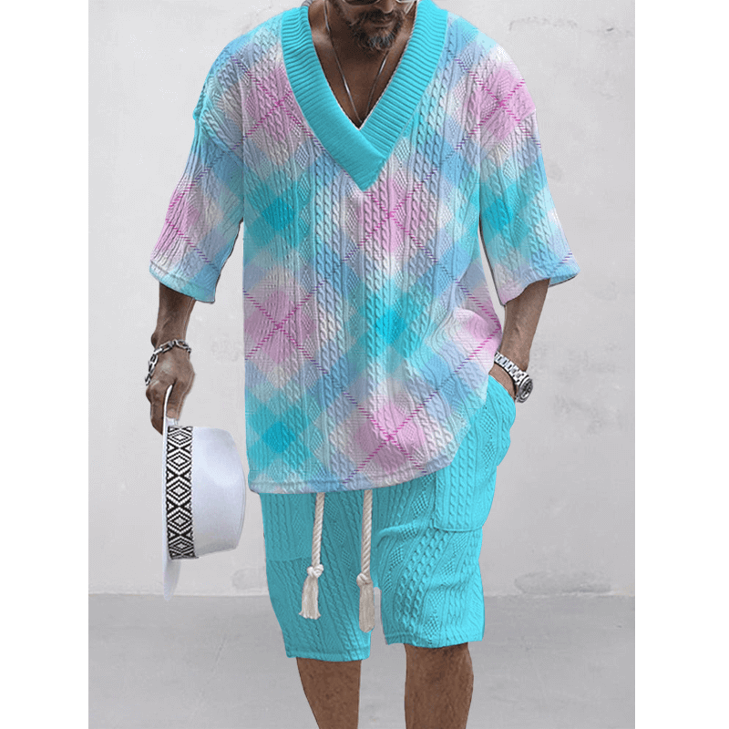 Men's Printed Short Sleeve Shorts Textured Set 45890326L-DESTINY