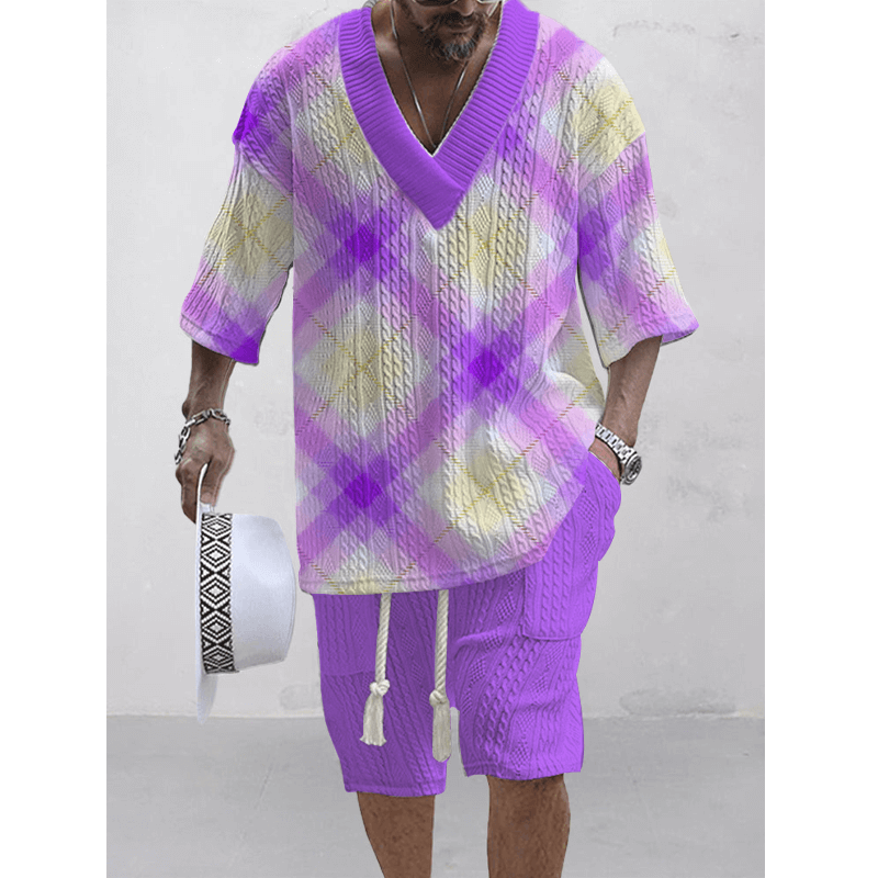 Men's Printed Short Sleeve Shorts Textured Set 45890326L-DESTINY