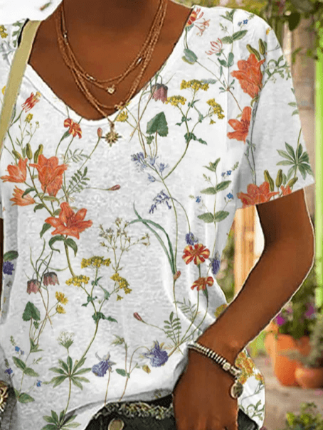 Casual V Neck Floral Loose T-Shirt-DESTINY