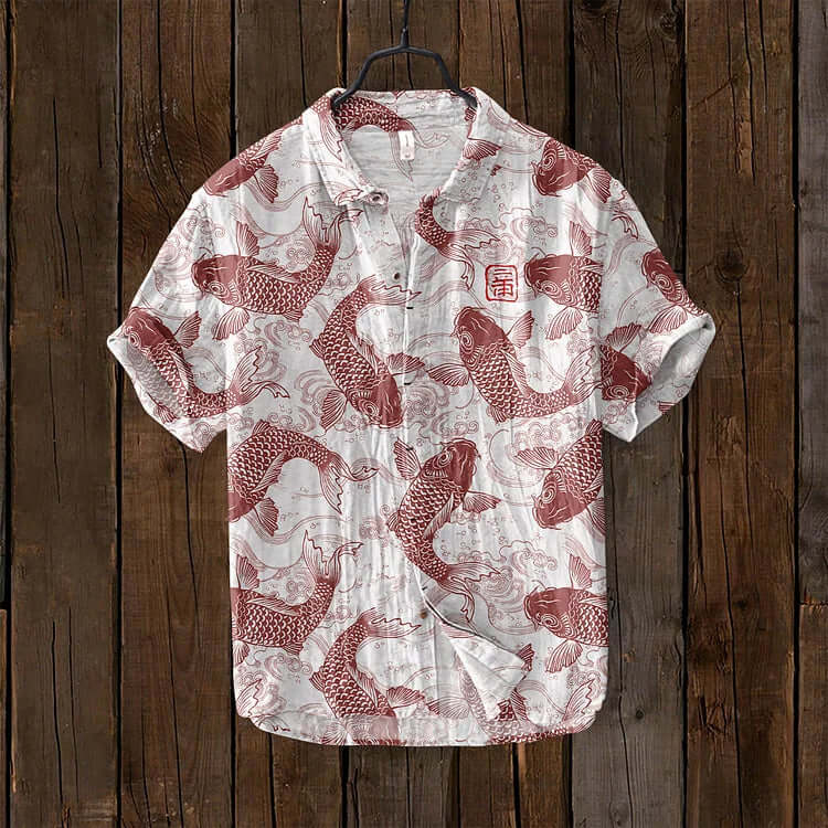 Osamu - vintage fish Japanese art linen blend shirt-DESTINY