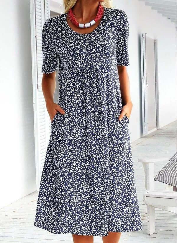 Acewonders™ Women's Floral Mid-Length Dress with Short Sleeves-DESTINY