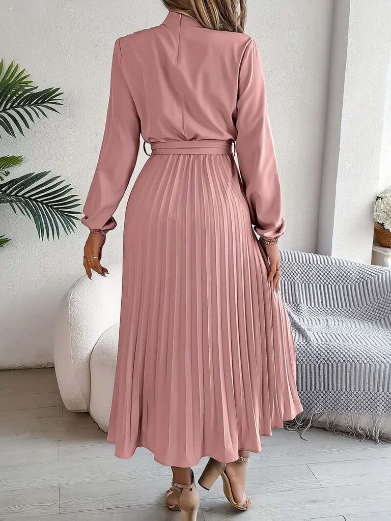 Layla – plain dress with stand-up collar and pleated belt-DESTINY