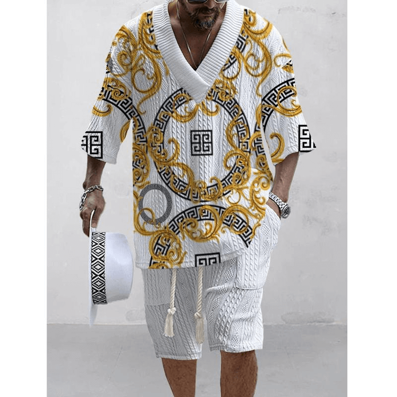 Men's Printed Short Sleeve Shorts Textured Set 85345470L-DESTINY