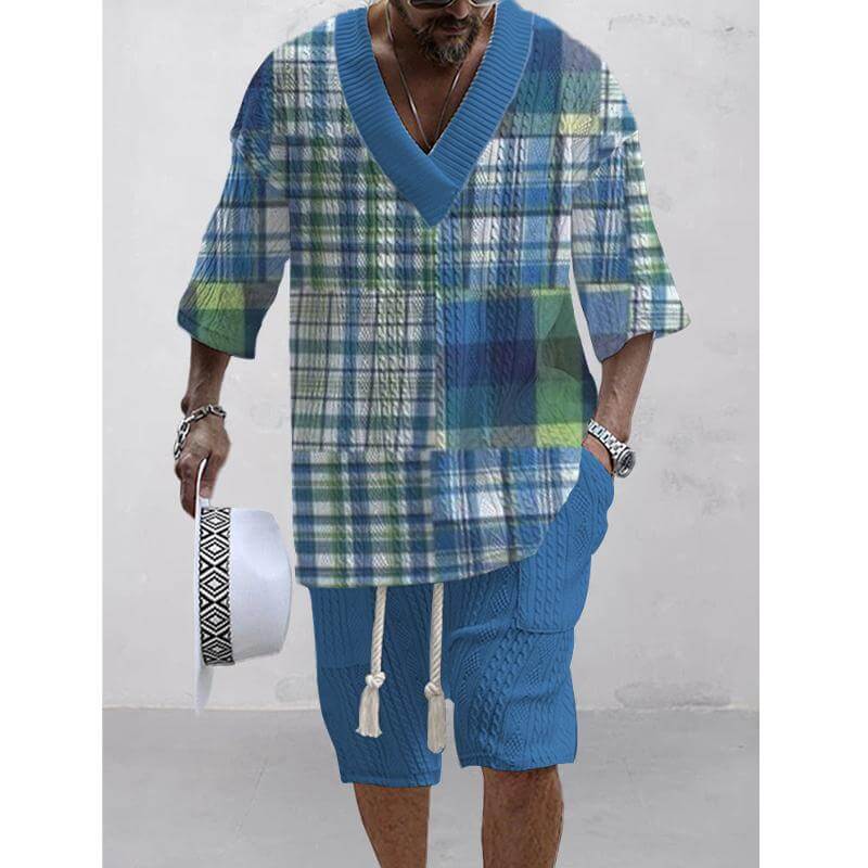 Men's Printed Short Sleeve Shorts Textured Set 85920220L-DESTINY