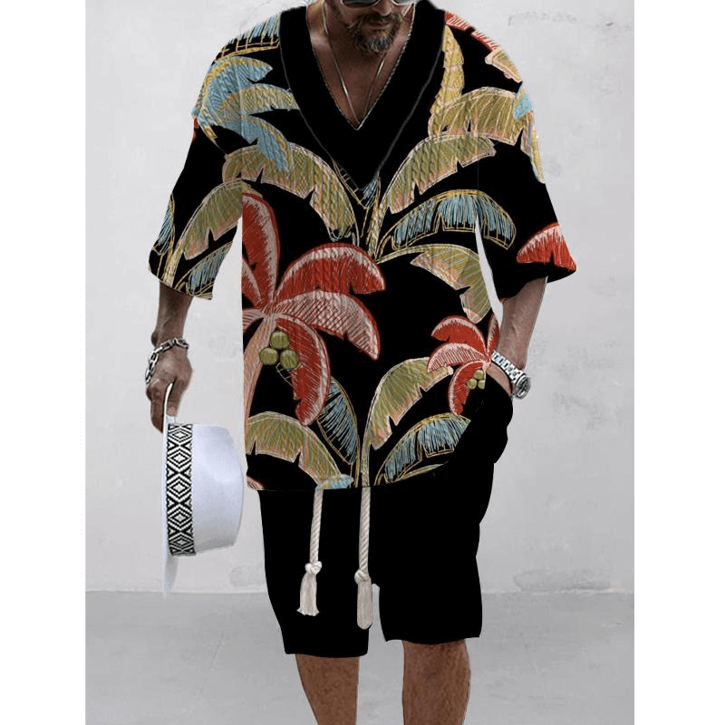 Men's Printed Short Sleeve Shorts Textured Set 74446745L-DESTINY