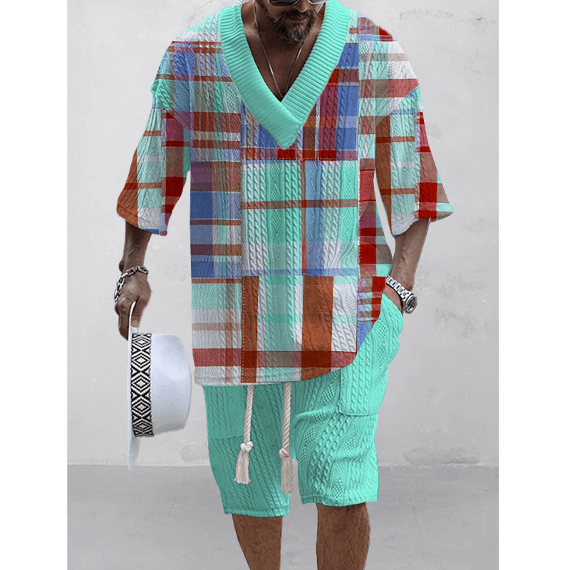 Men's Printed Short Sleeve Shorts Textured Set 85920220L-DESTINY