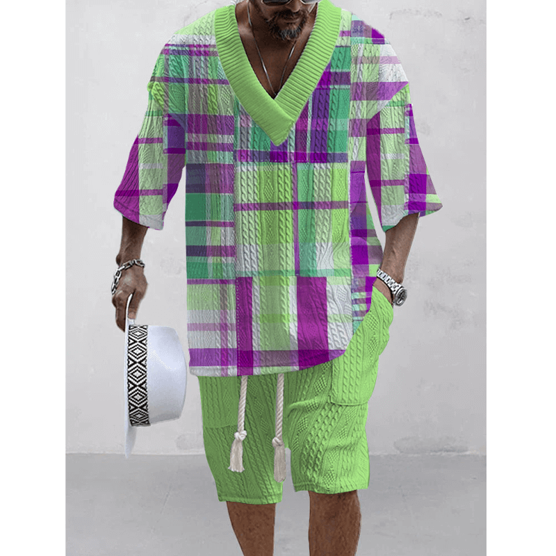 Men's Printed Short Sleeve Shorts Textured Set 85920220L-DESTINY