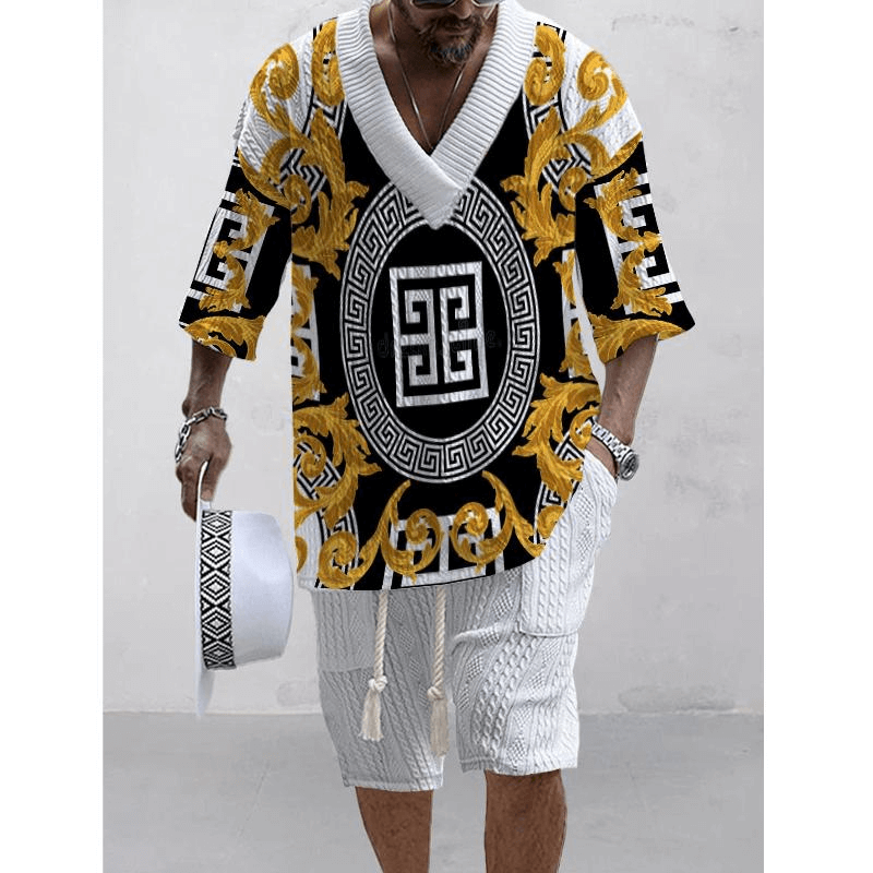 Men's Printed Short Sleeve Shorts Textured Set 85345470L-DESTINY