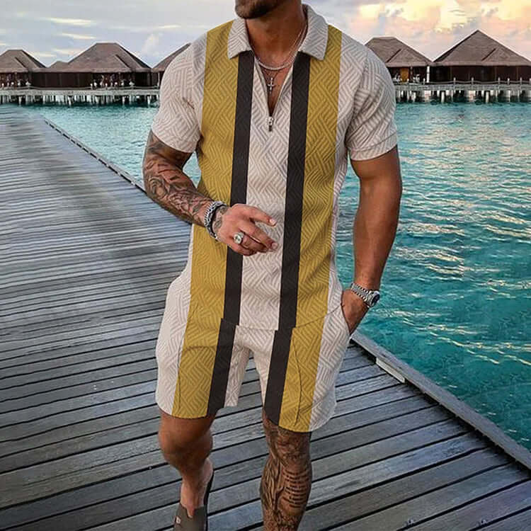 Yellow Stitching Color Contrast Stripes Print Short Sleeve Polo Shirt And Shorts Co-Ord-DESTINY
