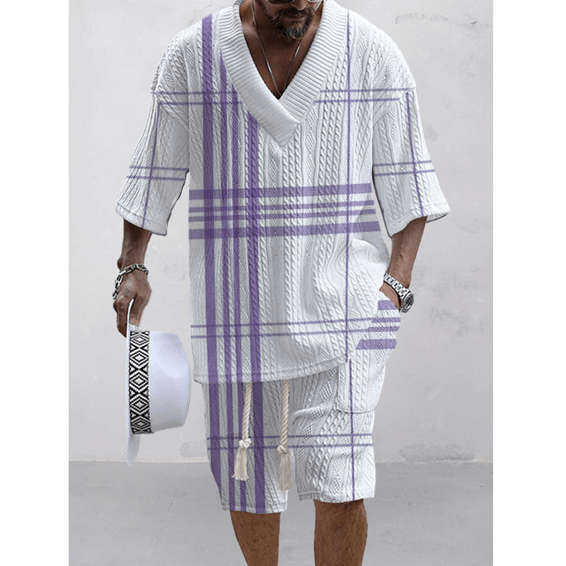 Men's Printed Short Sleeve Shorts Textured Set 42671434L-DESTINY