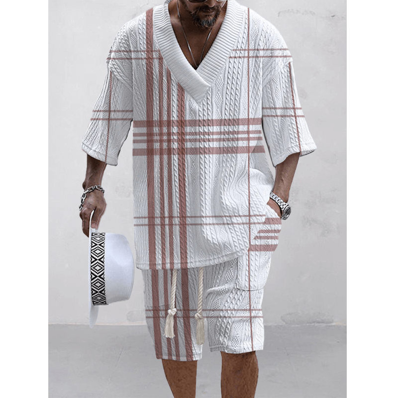 Men's Printed Short Sleeve Shorts Textured Set 42671434L-DESTINY