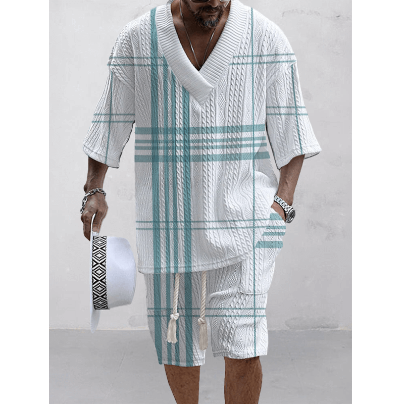 Men's Printed Short Sleeve Shorts Textured Set 42671434L-DESTINY