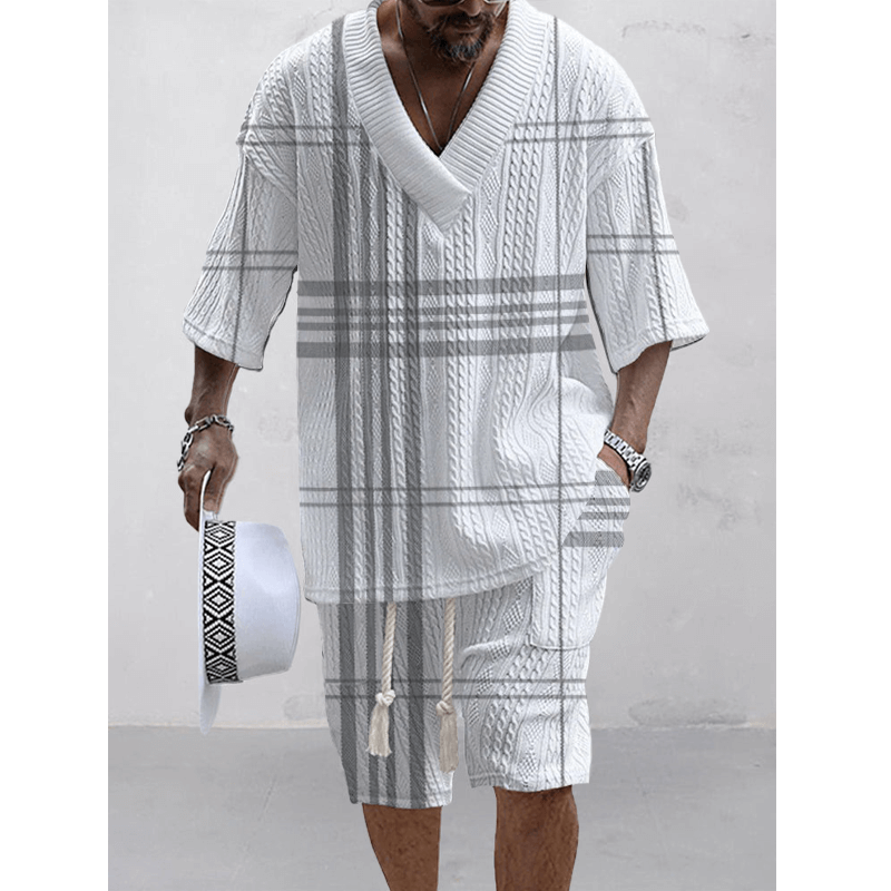 Men's Printed Short Sleeve Shorts Textured Set 42671434L-DESTINY