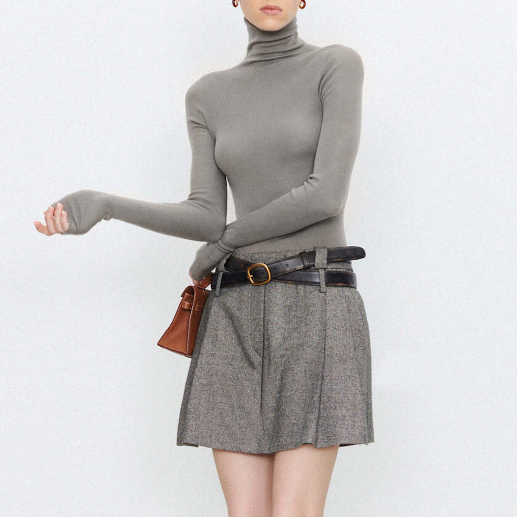 Plain-coloured long-sleeved knitted top with high neckline-DESTINY