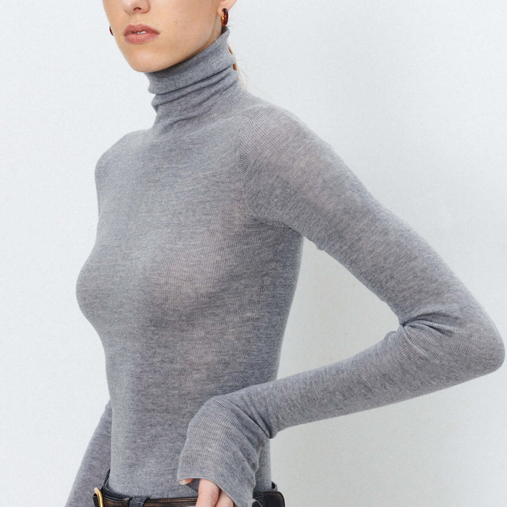 Plain-coloured long-sleeved knitted top with high neckline-DESTINY