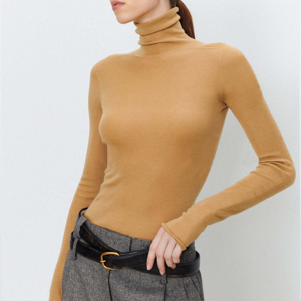 Plain-coloured long-sleeved knitted top with high neckline-DESTINY
