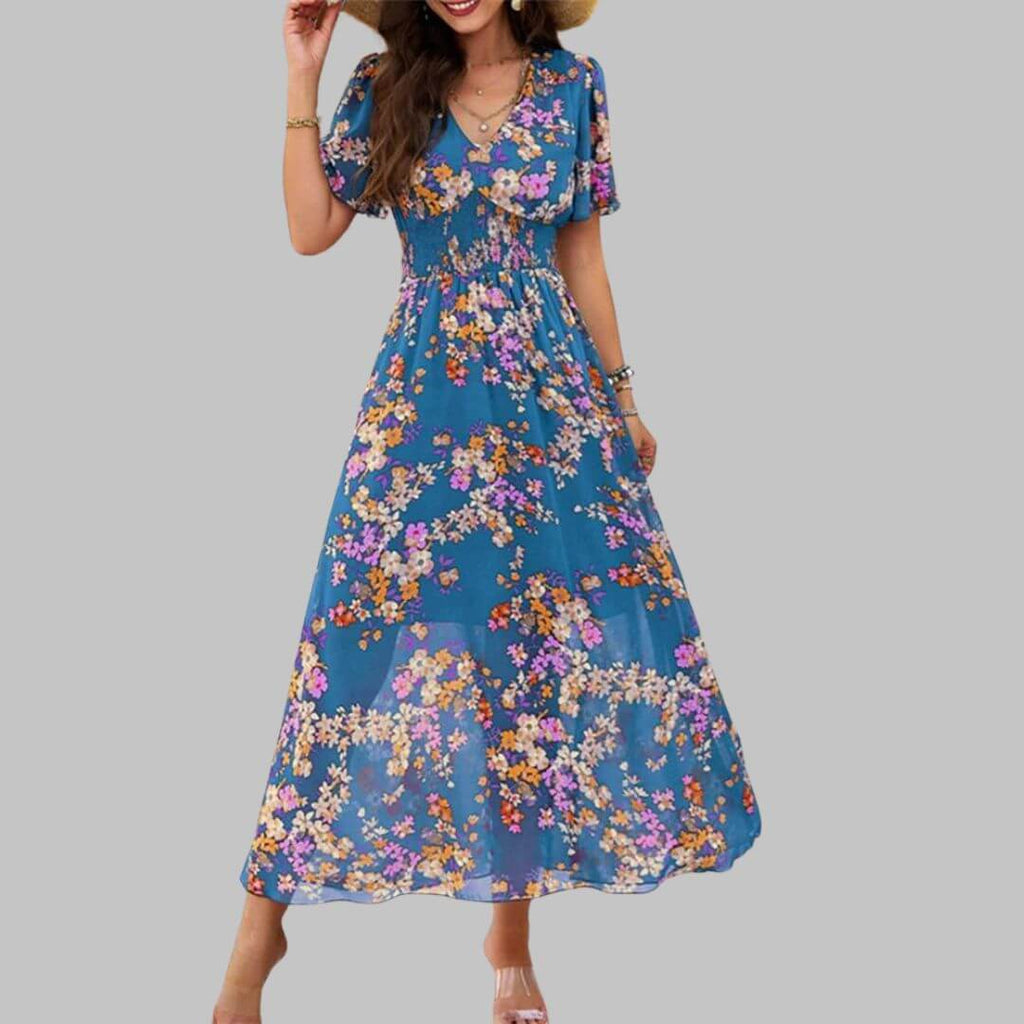 Isabella - Floral V-neck midi dress with short sleeves-DESTINY