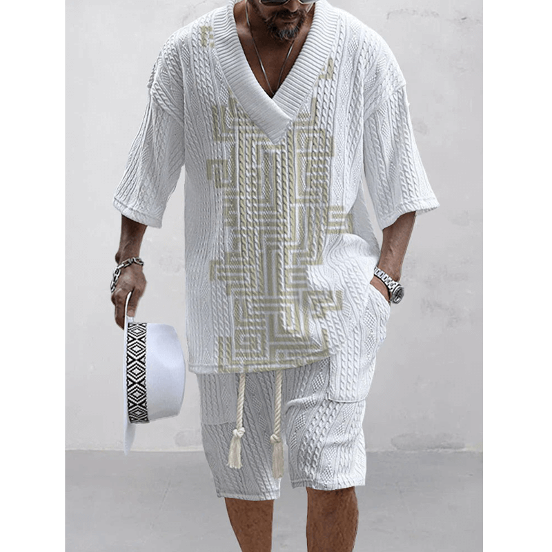 Men's Printed Short Sleeve Shorts Textured Set 64352132L-DESTINY