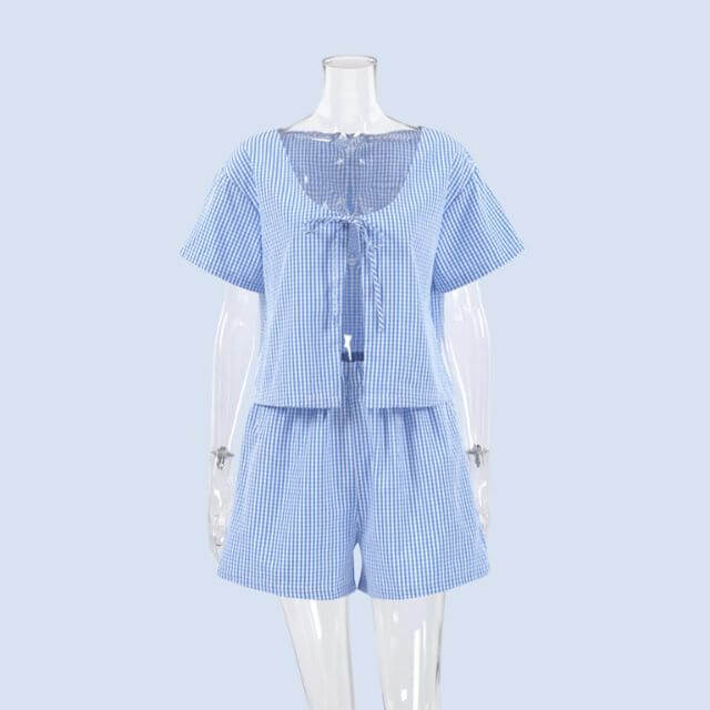 Harper - Gingham romper with keyhole neckline and bow detail-DESTINY
