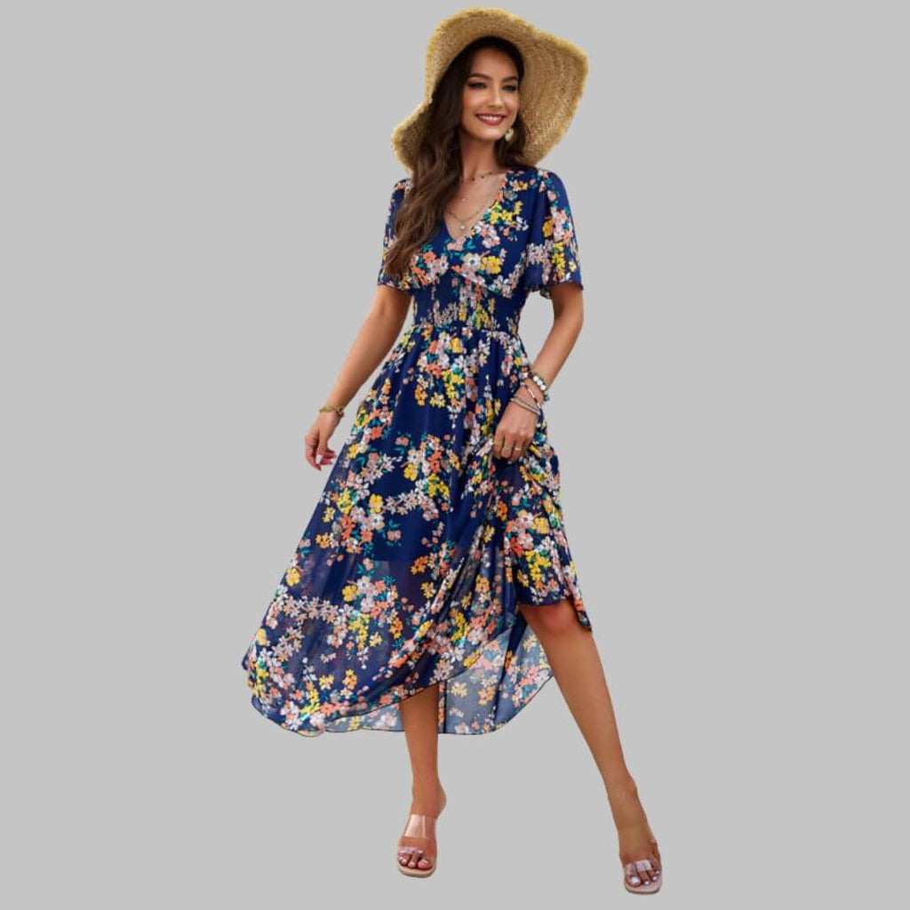 Isabella - Floral V-neck midi dress with short sleeves-DESTINY