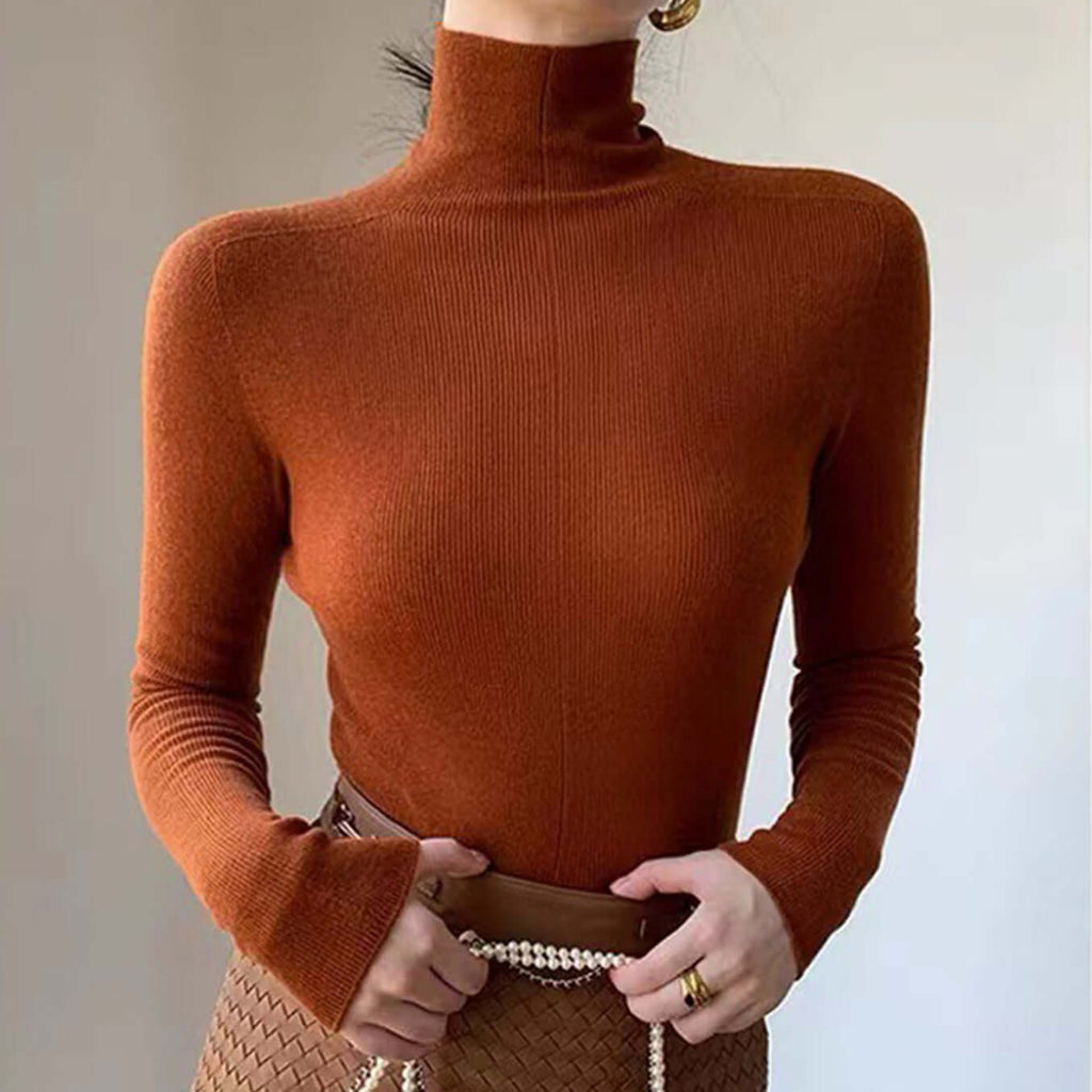 Plain-coloured long-sleeved knitted top with high neckline-DESTINY