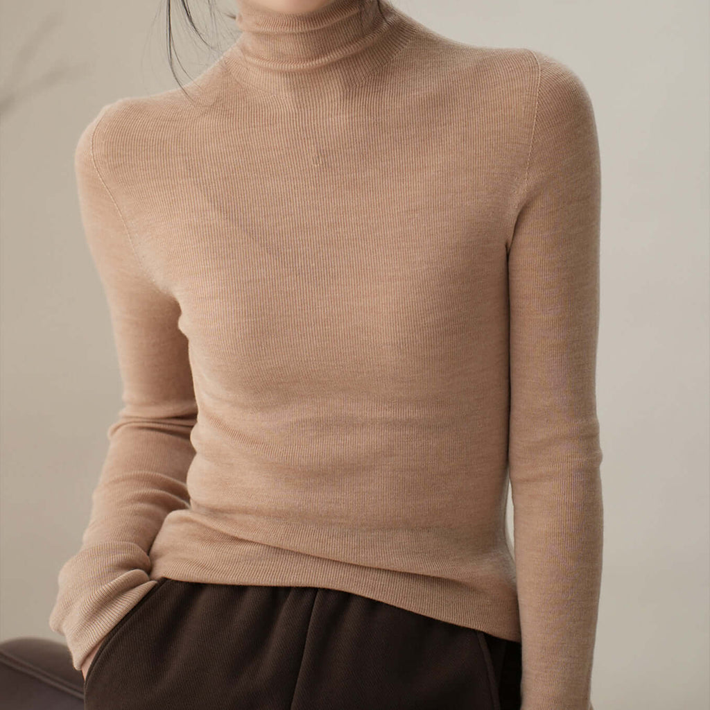 Plain-coloured long-sleeved knitted top with high neckline-DESTINY