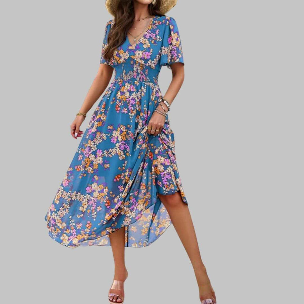 Isabella - Floral V-neck midi dress with short sleeves-DESTINY