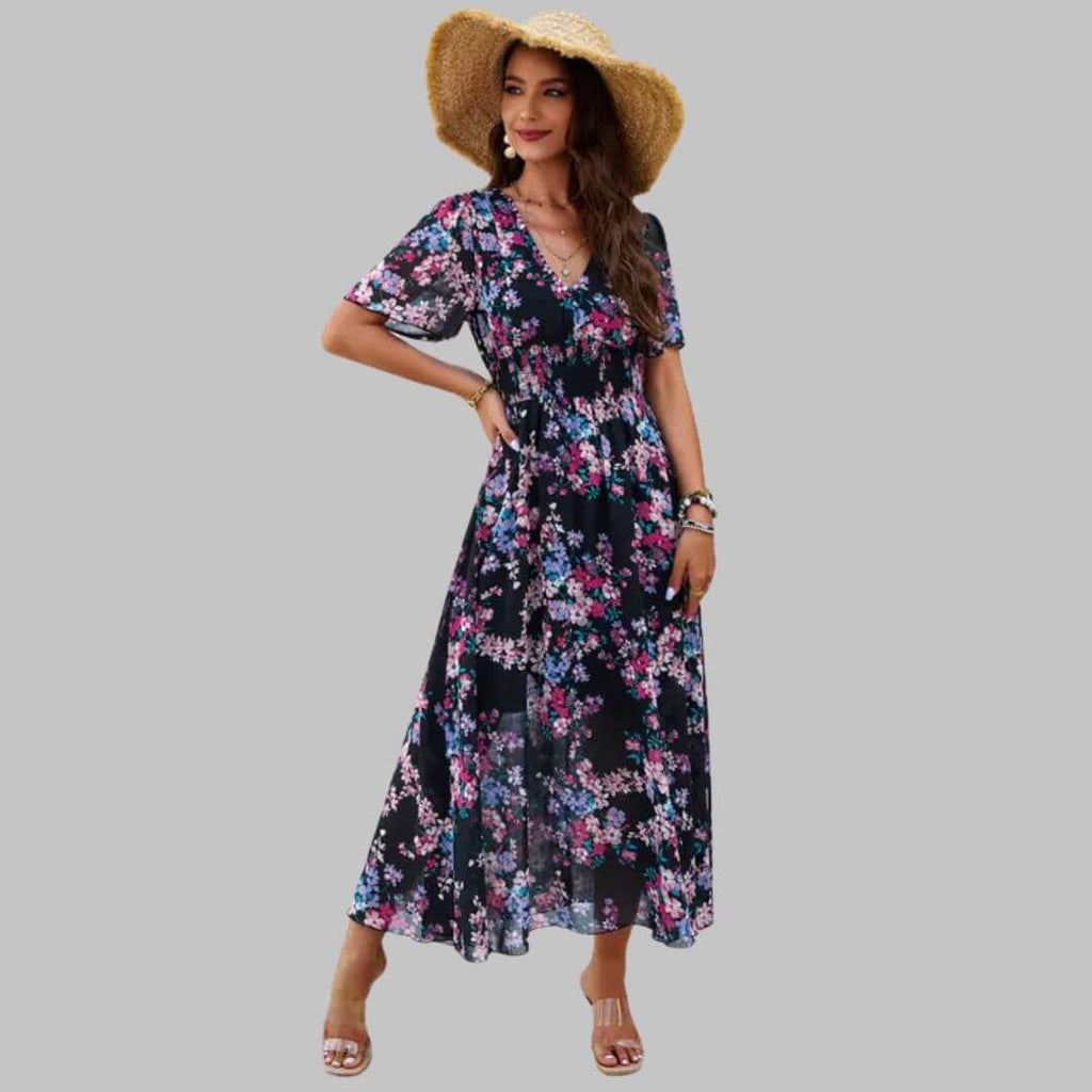 Isabella - Floral V-neck midi dress with short sleeves-DESTINY