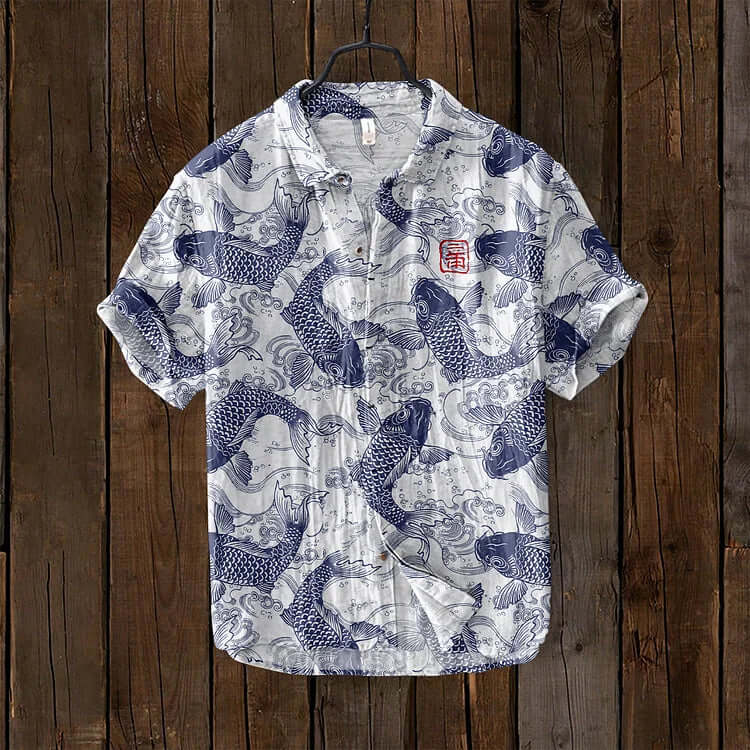 Osamu - vintage fish Japanese art linen blend shirt-DESTINY