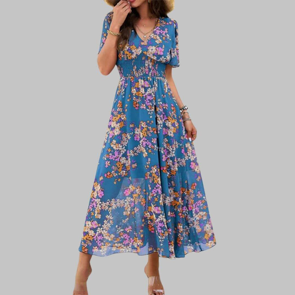 Isabella - Floral V-neck midi dress with short sleeves-DESTINY