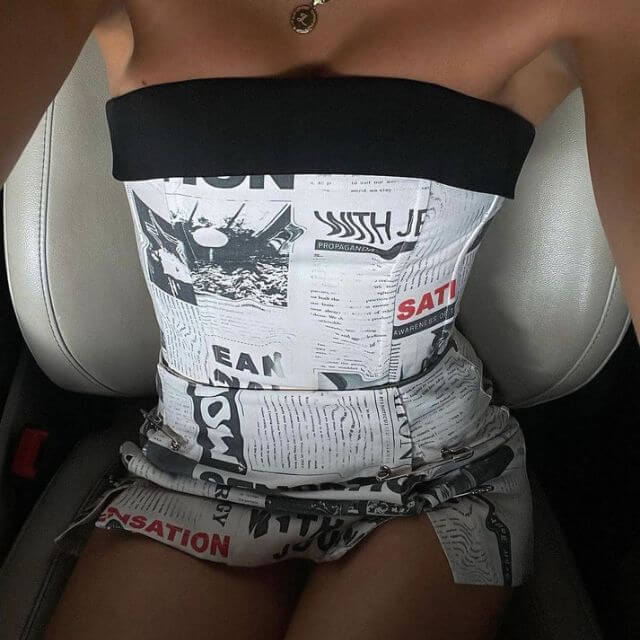 Clarissa - Off-the-shoulder playsuit with newspaper print-DESTINY