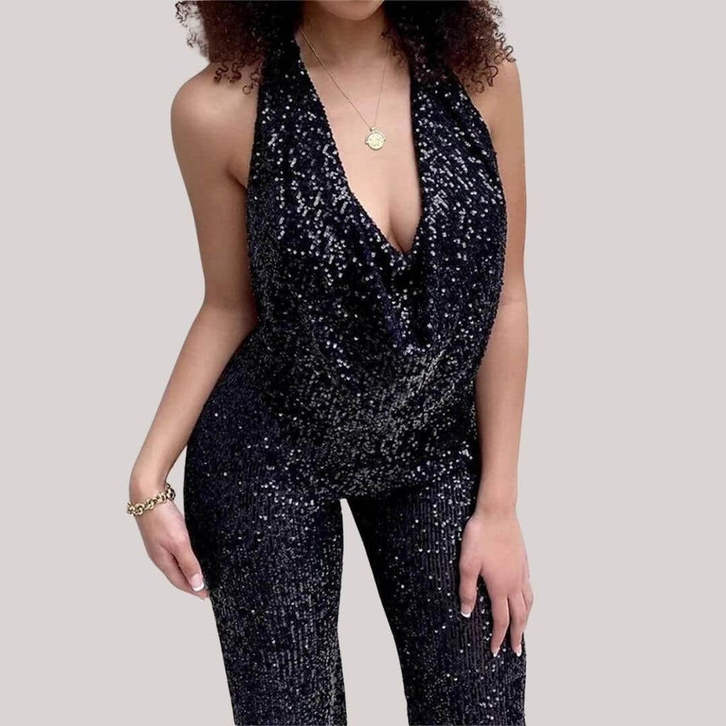 Elegant glitter jumpsuit with neckline-DESTINY