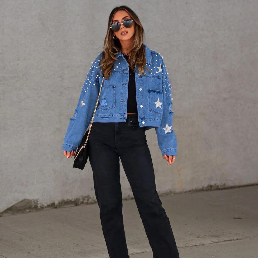 Denim jacket with pearl embellishment and star accents-DESTINY