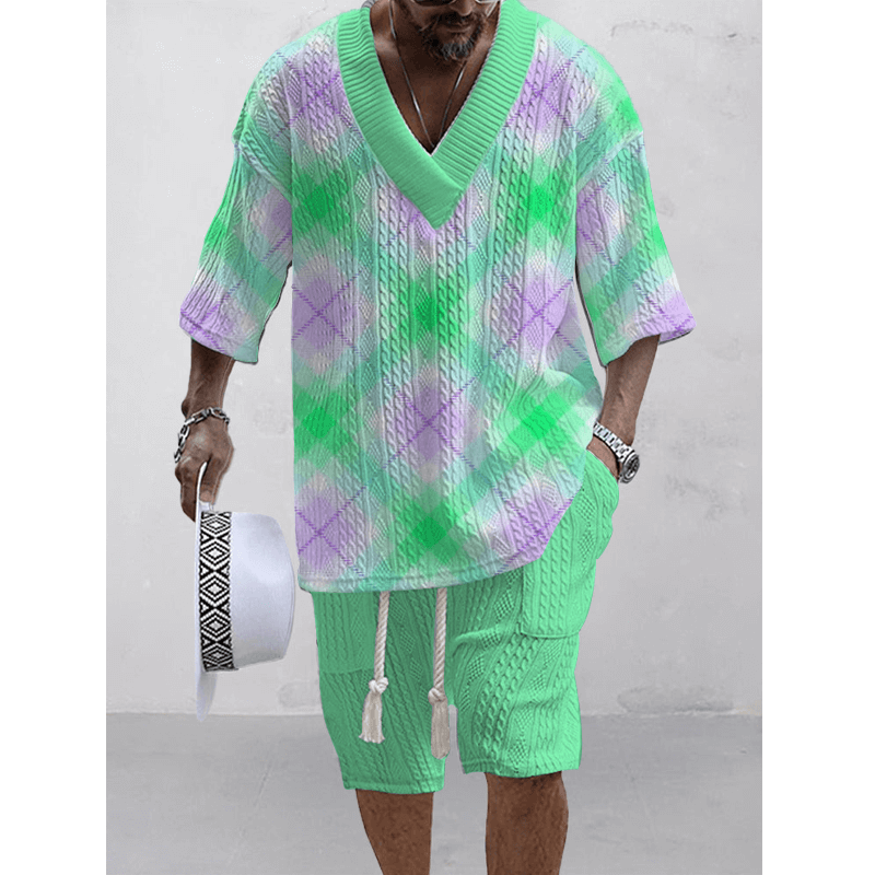 Men's Printed Short Sleeve Shorts Textured Set 45890326L-DESTINY