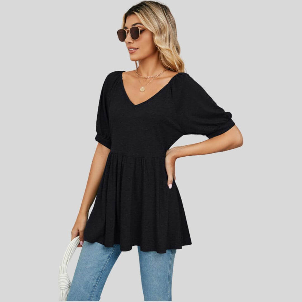 Elise - Wide flared peplum top with V-neckline-DESTINY