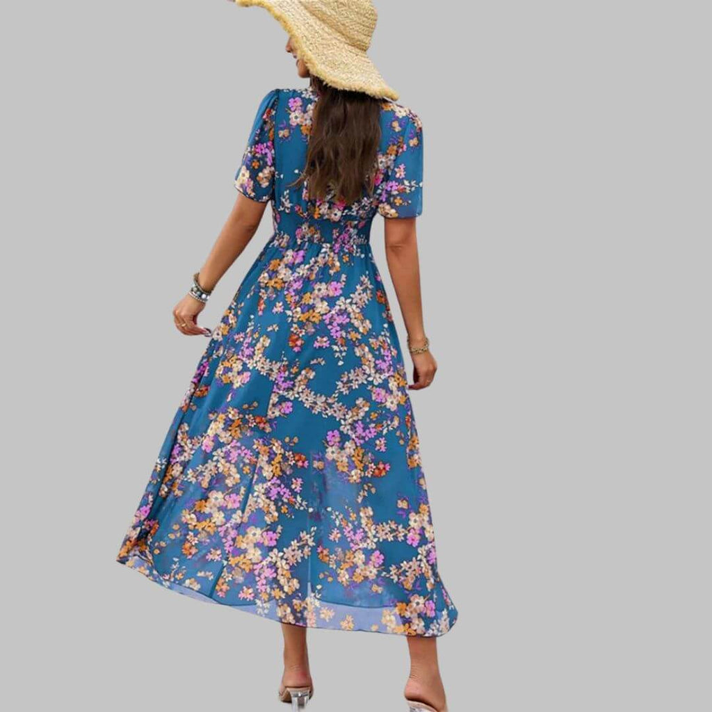 Isabella - Floral V-neck midi dress with short sleeves-DESTINY