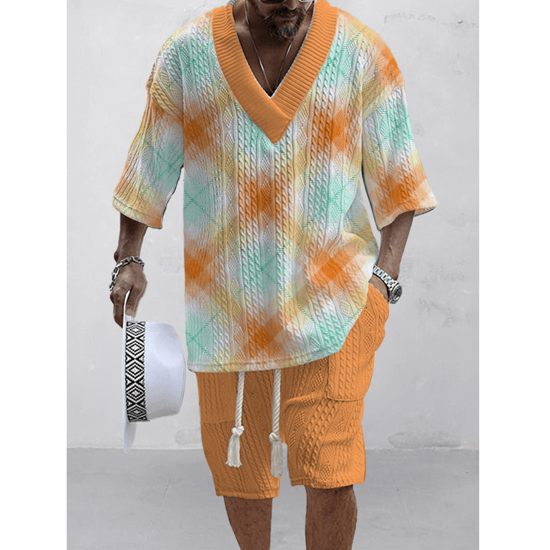 Men's Printed Short Sleeve Shorts Textured Set 45890326L-DESTINY