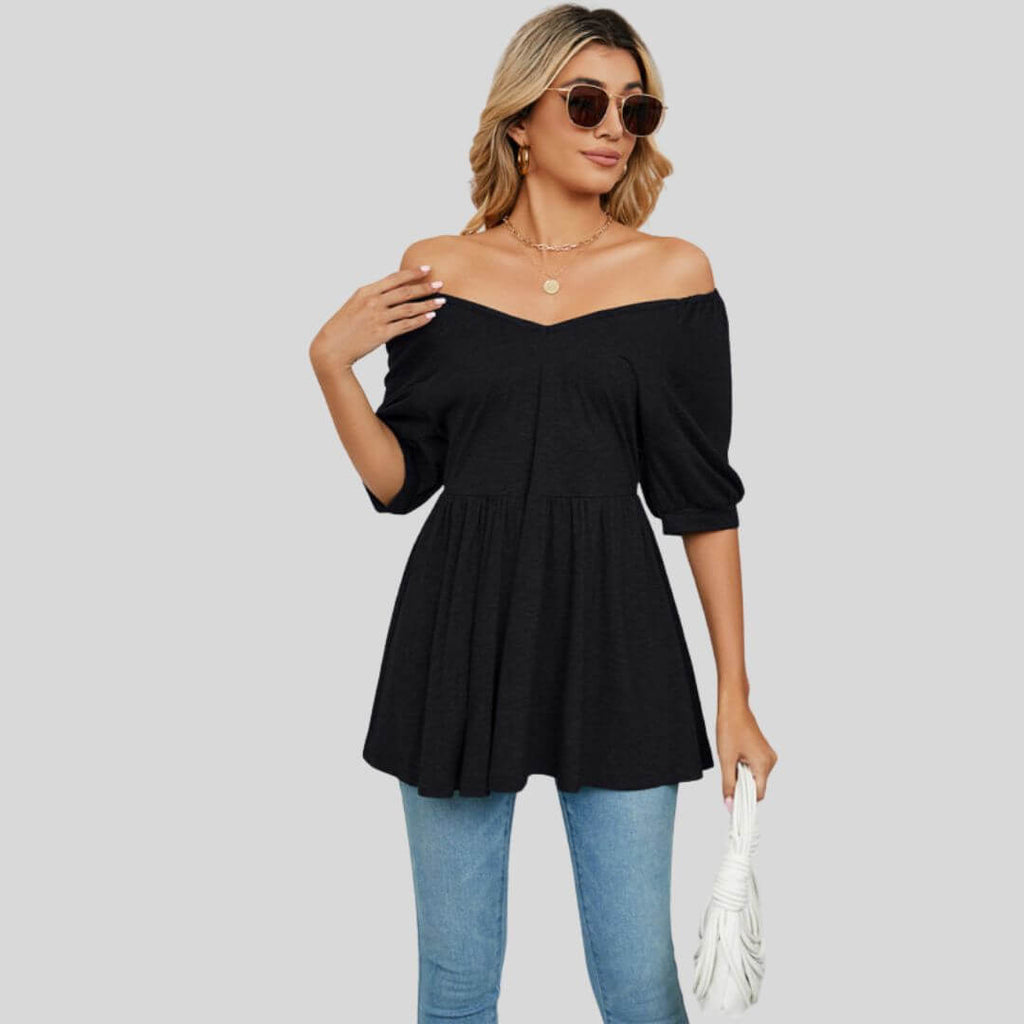 Elise - Wide flared peplum top with V-neckline-DESTINY
