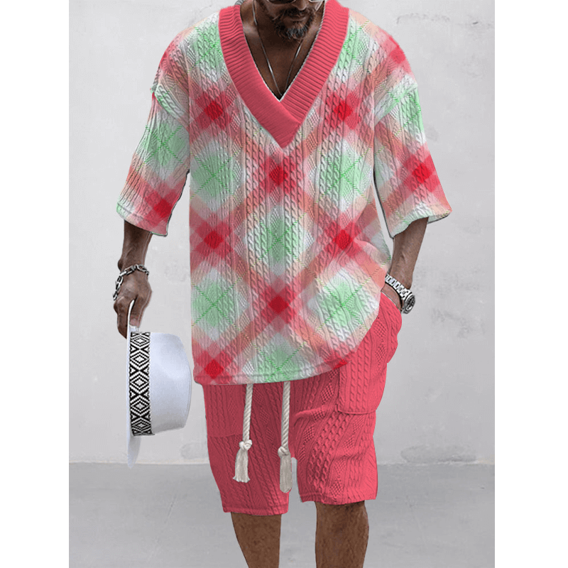 Men's Printed Short Sleeve Shorts Textured Set 45890326L-DESTINY