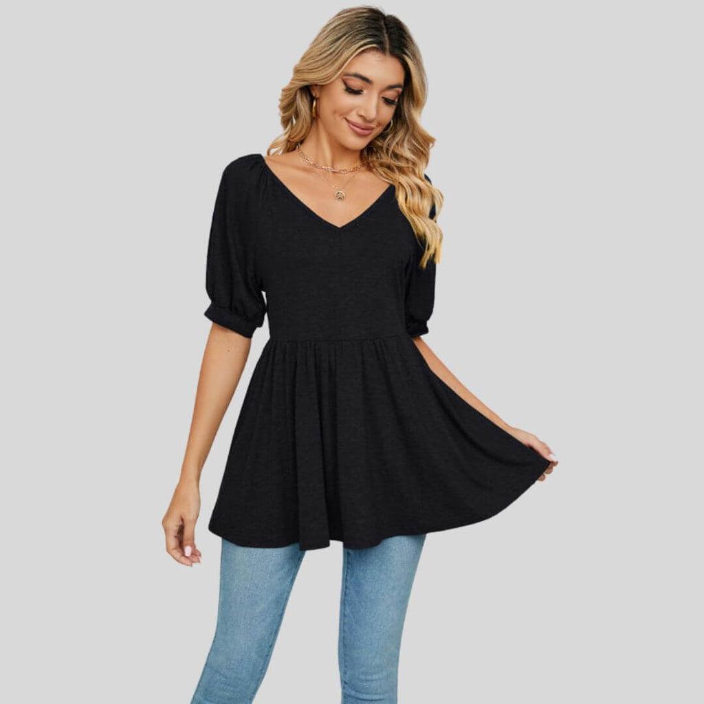 Elise - Wide flared peplum top with V-neckline-DESTINY