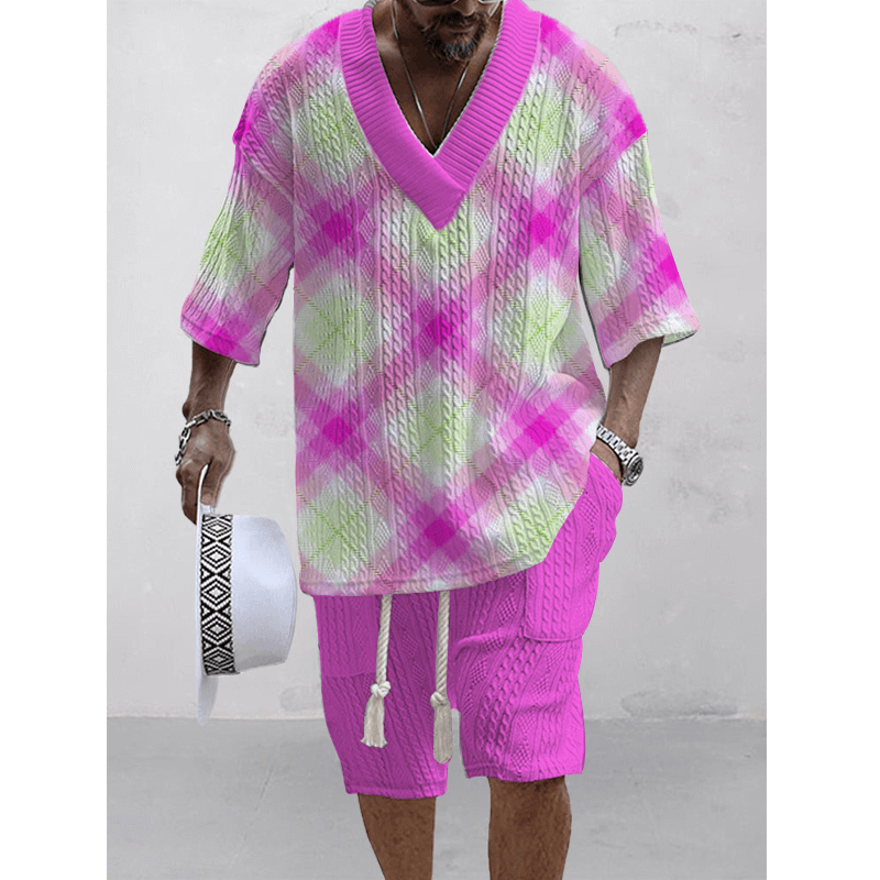 Men's Printed Short Sleeve Shorts Textured Set 45890326L-DESTINY