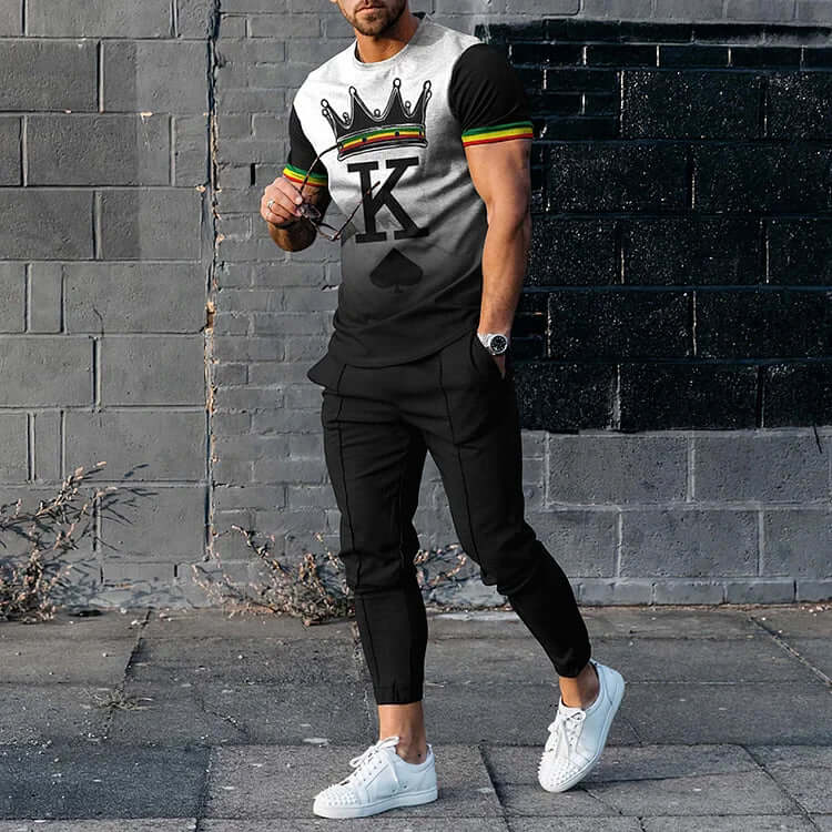 Fashion Gradient Reggae Crown K Print Short Sleeve T-Shirt And Pants Co-Ord-DESTINY