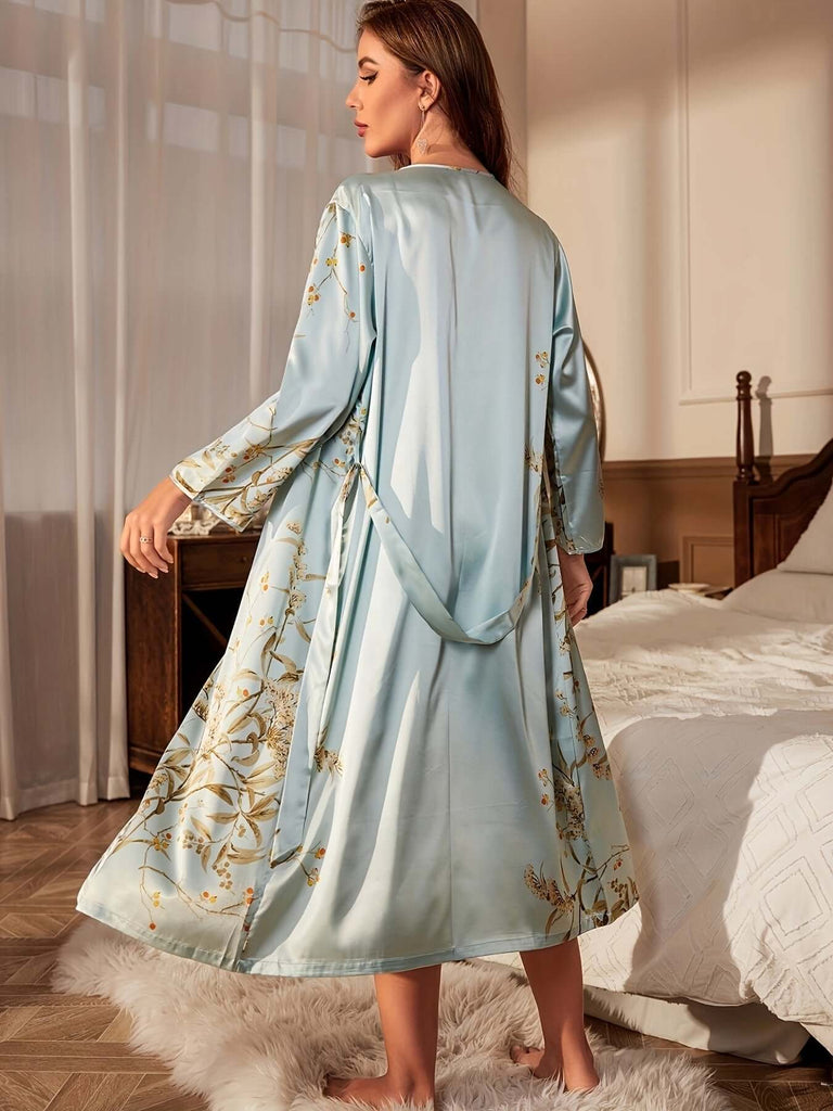 Emberlyn - Sexy Floral Print Pajama Set, Long Sleeve Open Front Robe & Draped V Neck Cami Dress, Women's Sleepwear & Loungewear-DESTINY