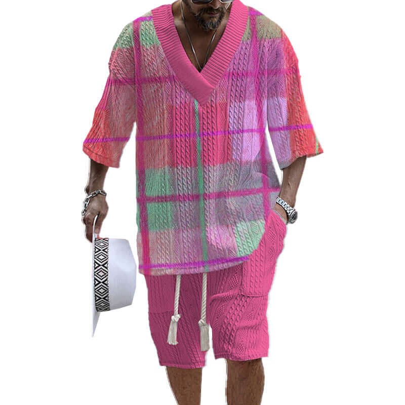 Men's Printed Short Sleeve Shorts Textured Set 85757635YY-DESTINY