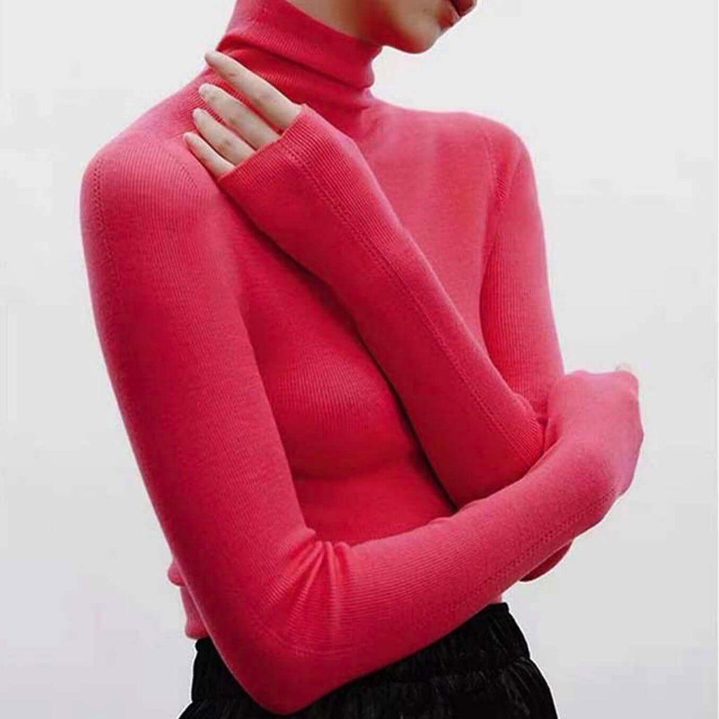 Plain-coloured long-sleeved knitted top with high neckline-DESTINY