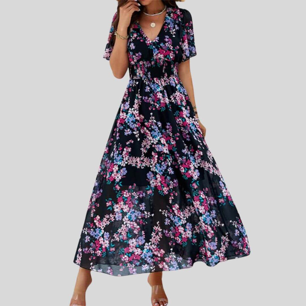 Isabella - Floral V-neck midi dress with short sleeves-DESTINY