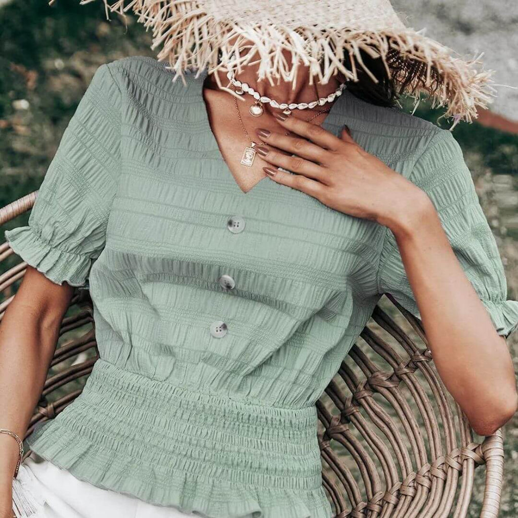 Madeleine - Pleated button-front blouse with peplum-DESTINY