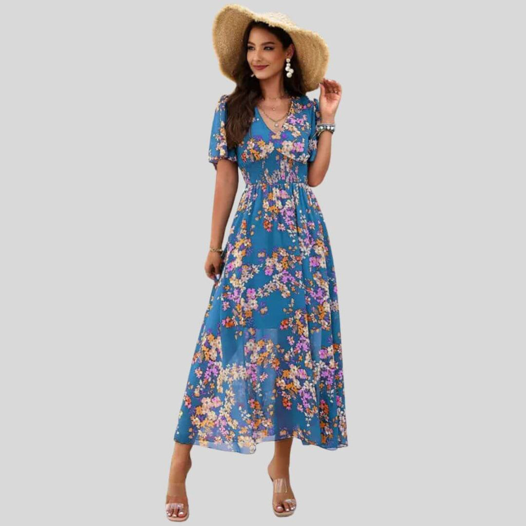 Isabella - Floral V-neck midi dress with short sleeves-DESTINY